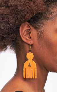 African Comb Wooden Earrings-Orange