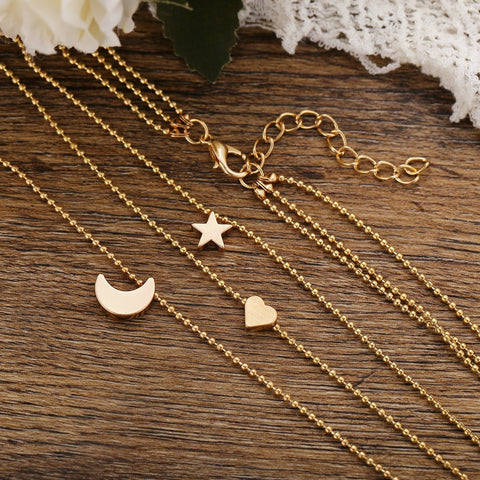 Women Layered Star Heart Moon Gold Necklace